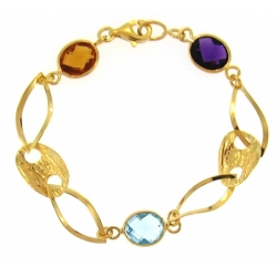 14Kt Yellow Gold Open Flat Links with Gucci, Citrine, Amethyst and Blue Topaz Station Bracelet (5.90gr)