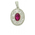 18Kt White Gold Oval Shape Ruby with Baguette & Round Diamond Pendant (1.33cts tw)