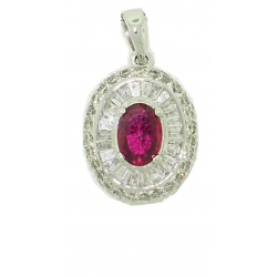 18Kt White Gold Oval Shape Ruby with Baguette & Round Diamond Pendant (1.33cts tw)