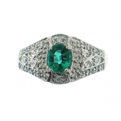 18Kt White Gold Oval Shape Emerald & Diamond Ring with Milgrain (0.75cts tw)