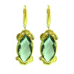 18Kt Yellow Gold Green Amethyst  Drop Earrings with Leaf Design (0.07cts tw)