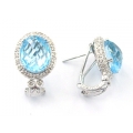 14Kt White Gold Oval Shape Briolette Blue Topaz with Diamond Milgrain Earrings and Omega Clip (13.13cts tw)