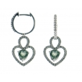 14Kt White Gold Single Cut Diamond Huggies with Heart Shape Green Sapphire Charm (1.53cts tw)