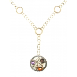14Kt Yellow Gold Round Textured Links with Two-tone Wire Medallion with Amethyst, Citrine & Smokey Topaz (22.40gr)
