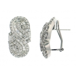 18Kt White Gold Tapered Baguette & Round Diamond Braided Design Earrings with Omega Clip (4.61cts tw)