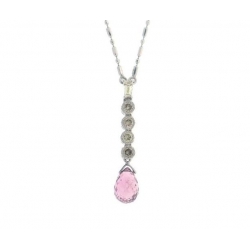 18Kt White Gold Pink Tourmaline with Round & Baguette Diamond Drop Necklace (1.66cts tw)