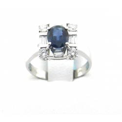 18Kt White Gold Oval Blue Sapphire with Round & Baguette Diamond Ring (1.92cts tw)