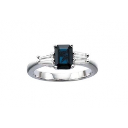 14Kt White Gold Emerald Cut Blue Sapphire with Tapered Baguette Diamond Ring (0.33cts tw)