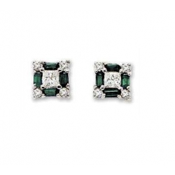 14Kt White Gold Baguette Emerald, Princess Cut & Round Diamond Square Shape Stud Earrings (0.64cts tw)