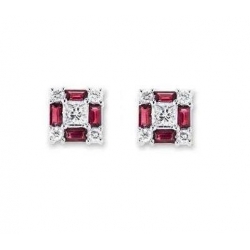 14Kt White Gold Baguette Ruby, Princess Cut & Round Diamond Square Shape Stud Earrings (0.88cts tw)