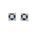 14Kt White Gold Baguette Blue Sapphire, Princess Cut & Round Diamond Square Shape Stud Earrings (0.88cts tw)