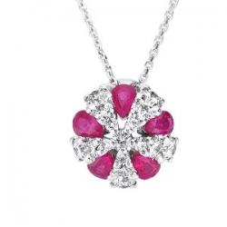 14Kt White Gold Pear Shape Ruby & Diamond Round Necklace (1.55cts tw)