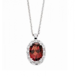 14Kt White Gold Oval Shape Garnet with Halo Diamond Necklace (1.06cts tw)