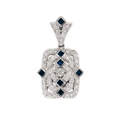 14Kt White Gold Princess Cut Blue Sapphire & Diamond Antique Style Pendant with Enhancer Bail (0.72cts tw)