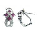 18Kt White Gold Ruby, Baguette & Round Diamond Earrings with Omega Clip (1.45cts tw)