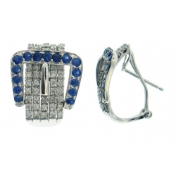 18Kt White Gold Belt Buckle Blue Sapphire & Diamond Earrings with Omega Clip (2.29cts tw)